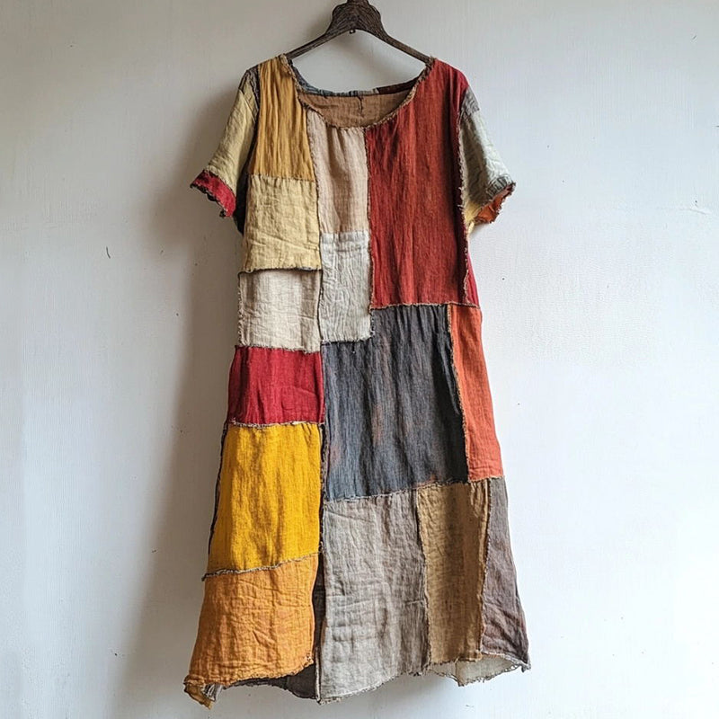 Vestido Midi em Linho e Algodão com Patchwork Vintage d7b0