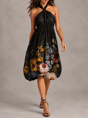 Vestido Midi de Cetim com Estampa Floral Estilo Pintura a Óleo com Decote Halter Romântico e Nó