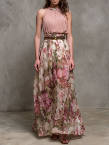 Vestido Longo Frente Única Plissado Estampa Floral Rosa Chá Elegante