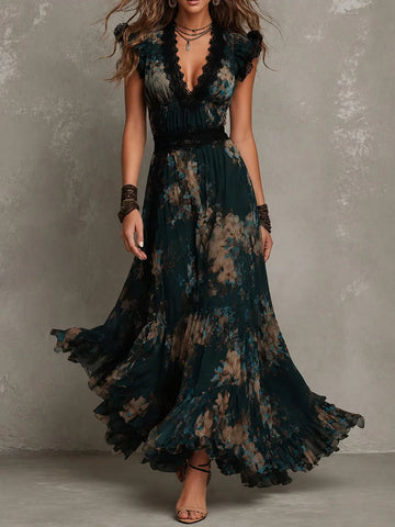 Vacation Boho Dark Floral Chiffon Maxi Dress With Lace Trim