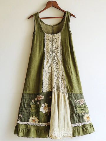 Vestido de Linho Boho Floral com Renda e Retalhos 6844