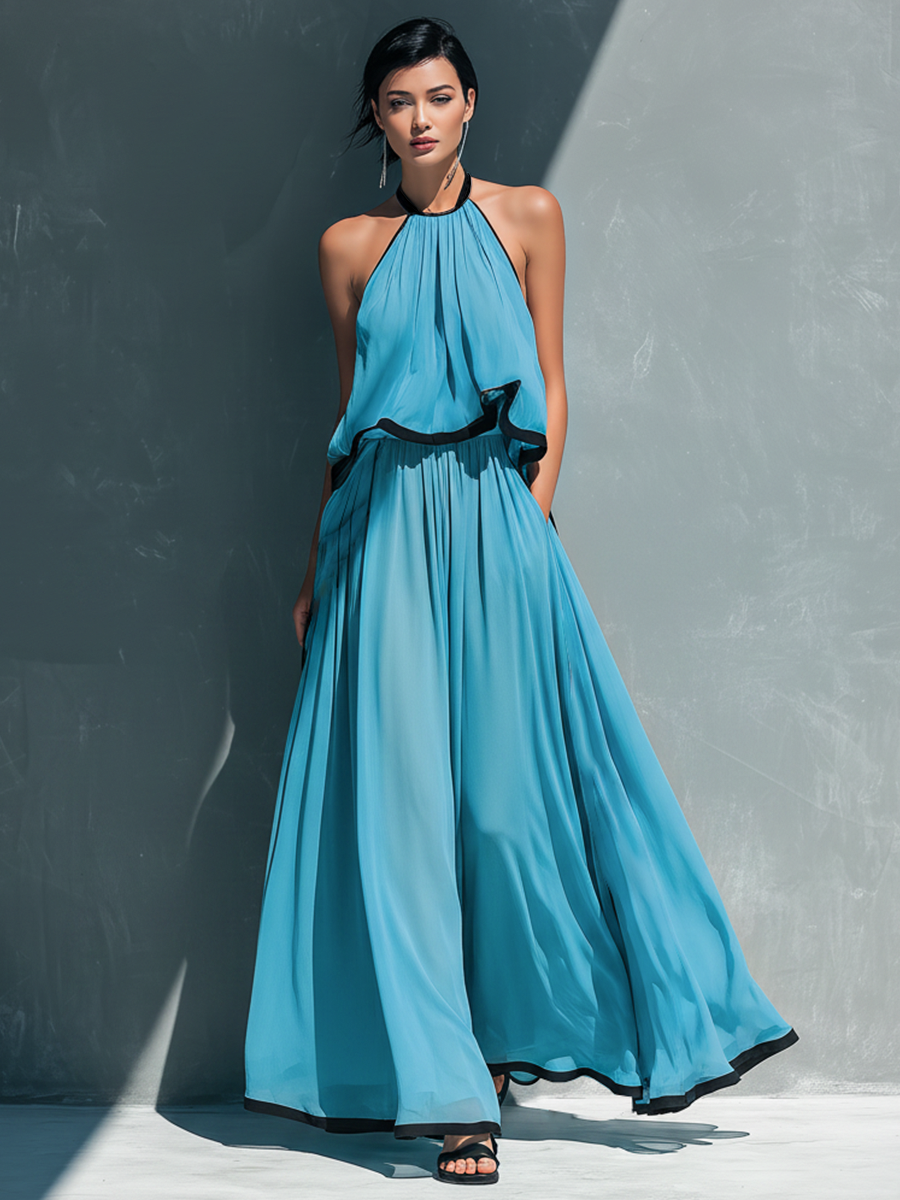 Women’s Sky Blue Chiffon Halter Neck Ruched Contrast Trim Crop Cami Top And High-Waisted Chiffon Flared Trousers Set MDZ1399D9T