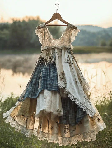 Vestido Patchwork Xadrez Renda Feito à Mão Verão 8180