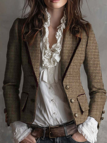Blazer Acinturado Xadrez Tweed Vintage