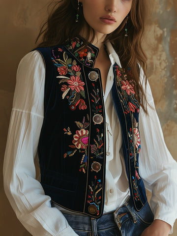 Gilet vintage en velours brodé floral à col montant