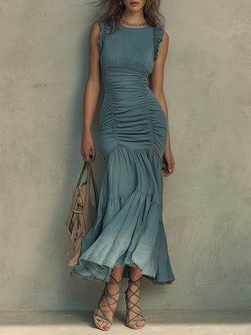 Vestido longo retrô com babados e mangas esvoaçantes