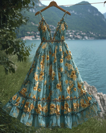 Vestido longo floral de chiffon com contraste para férias de verão 5196