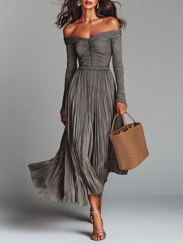 Vestido longo plissado evasê listrado ombro a ombro Boho
