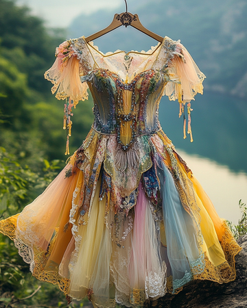 Vestido de Renda Irregular Retalhos com Miçangas e Babados Verão 24f4