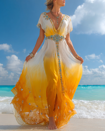 Vestido Ombré de Renda Turquesa com Miçangas para Férias de Verão ffac