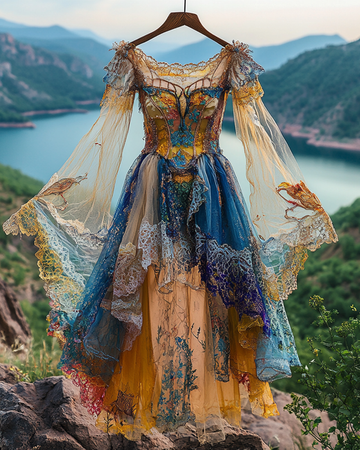 Vestido de Verão Irregular com Renda, Retalhos, Miçangas e Babados 604a