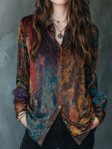 Camisa de Veludo Manga Longa com Estampa Floral Boho e Botões