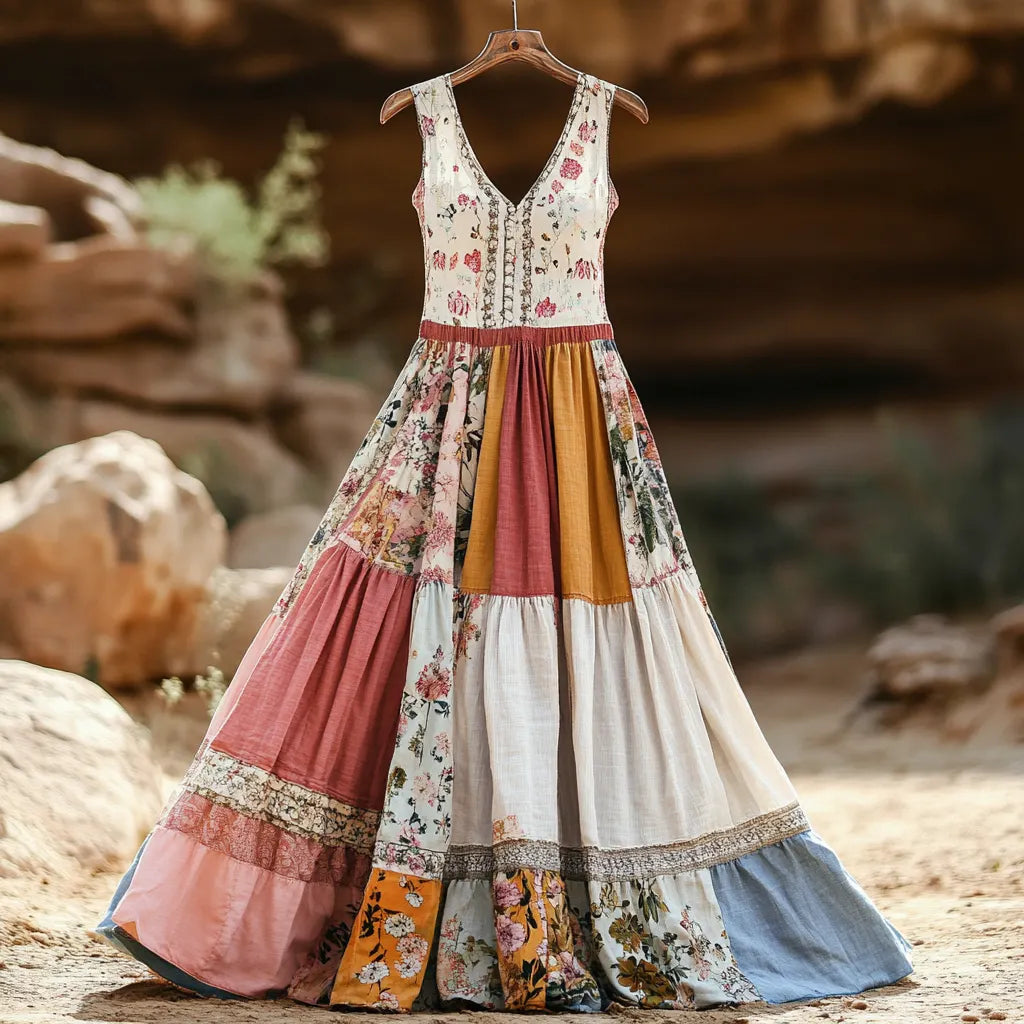 Vestido Feminino Vintage Boêmio Bordado Floral de Algodão e Linho