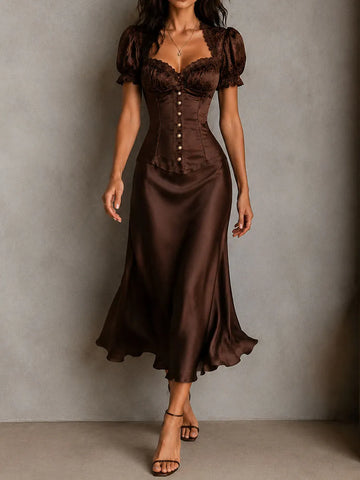 Vestido Midi Corset de Cetim Marrom Retrô Elegante com Mangas Bufantes