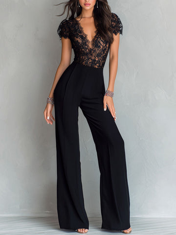 Combinaison pantalon élégante rétro en dentelle noire, col en V et jambes larges
