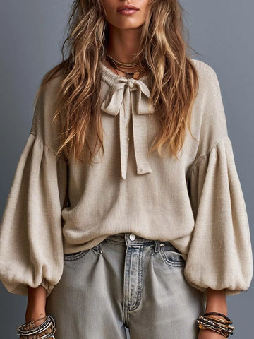 Boho Tie-Neck Balloon Sleeve Knit Sweater