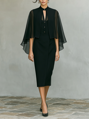 Conjunto Feminino de Crepe e Chiffon Preto Duas Peças Com Capa E Vestido Midi, Conjunto de Estilo Atemporal Formal-Elegante MDZ1418D7LYL