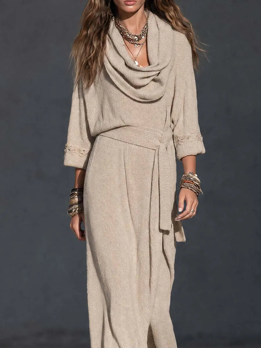 Robe longue bohème en flanelle à col bénitier et taille nouée