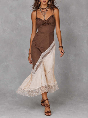 Vestido Midi Boêmio Bicolor de Algodão-Linho com Renda