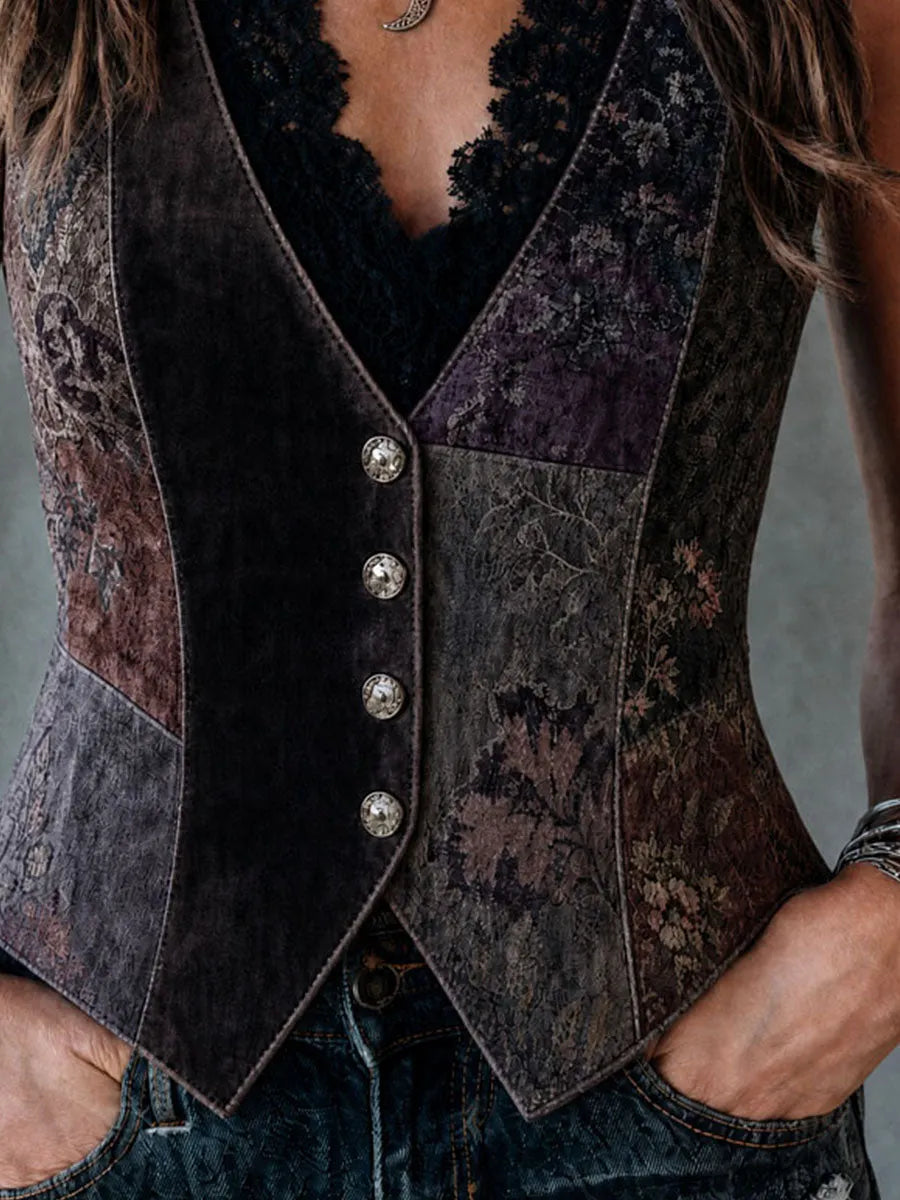 Gilet en velours boutonné imprimé floral patchwork bohème