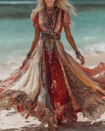 Vestido Patchwork Étnico Ombré de Renda Turquesa com Miçangas para Férias de Verão 1dfa