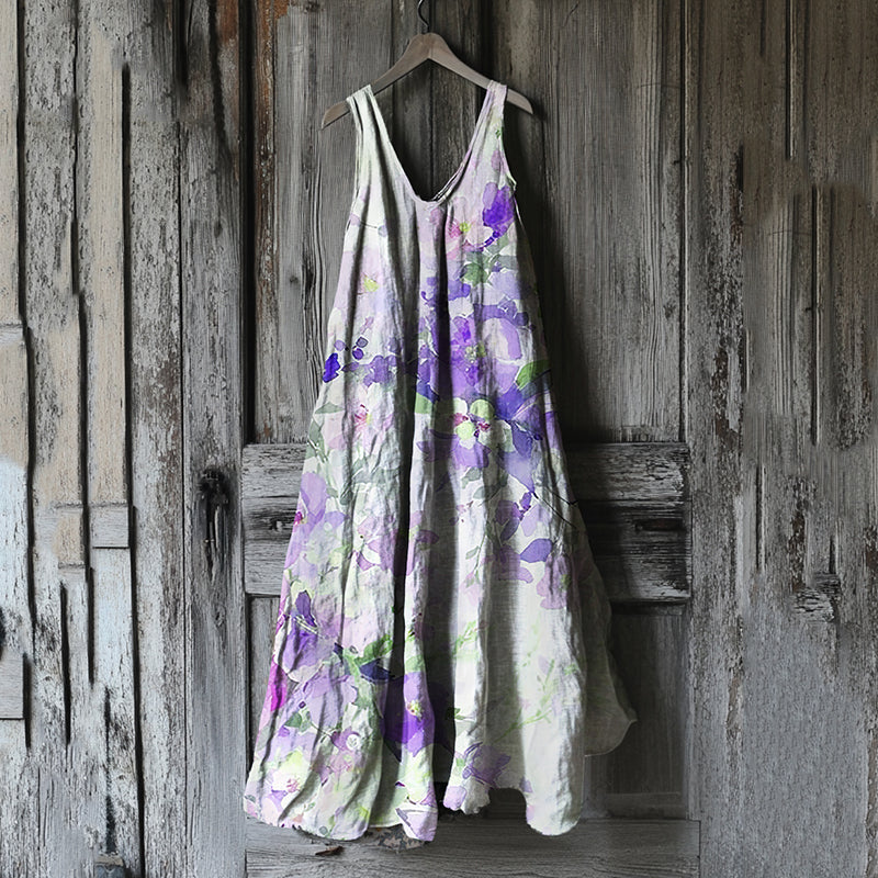 Vestido Regata de Linho Estampado Floral Vintage Violeta 3f29