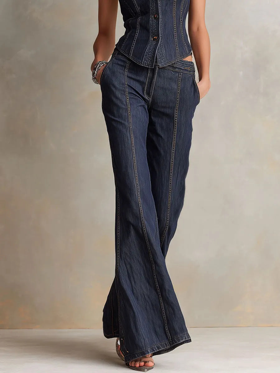 Ensemble deux pièces corset en jean foncé rétro et pantalon évasé taille haute