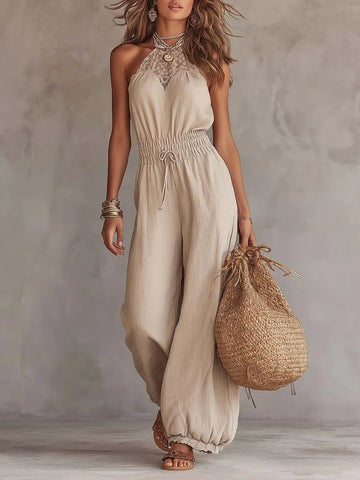 Bohemian-Style Lace Halter Cotton-Linen Jumpsuit