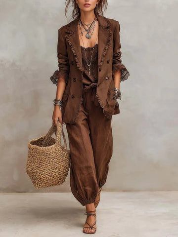 Conjunto de Blazer de Linho e Algodão com Punhos de Renda Vintage