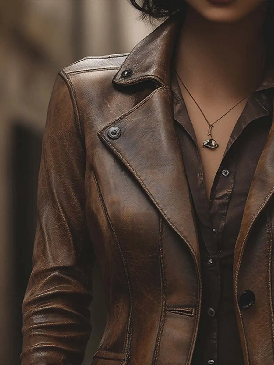 Jaqueta Feminina Vintage com Lapela e Bolsos de Couro Sintético