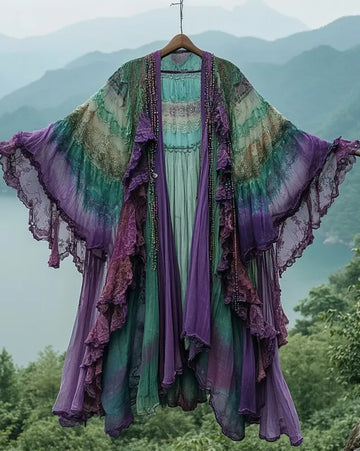 Kimono d'été à volants et dentelle contrastante a686