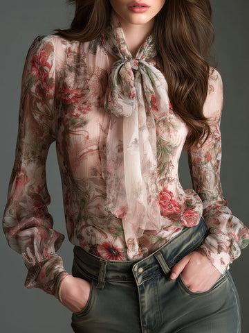 Blusa Retrô Romântica Floral em Chiffon com Laço