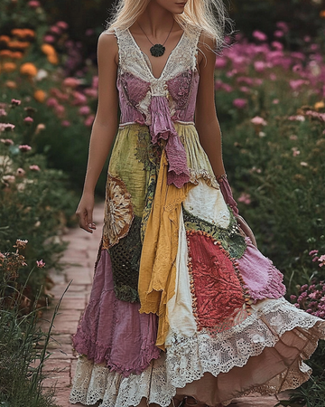 Vestido de Linho Confortável com Bordado Floral e Renda Patchwork 9c51