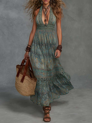 Vestido Maxi com Estampa Boho, Alças Halter e Camadas de Renda