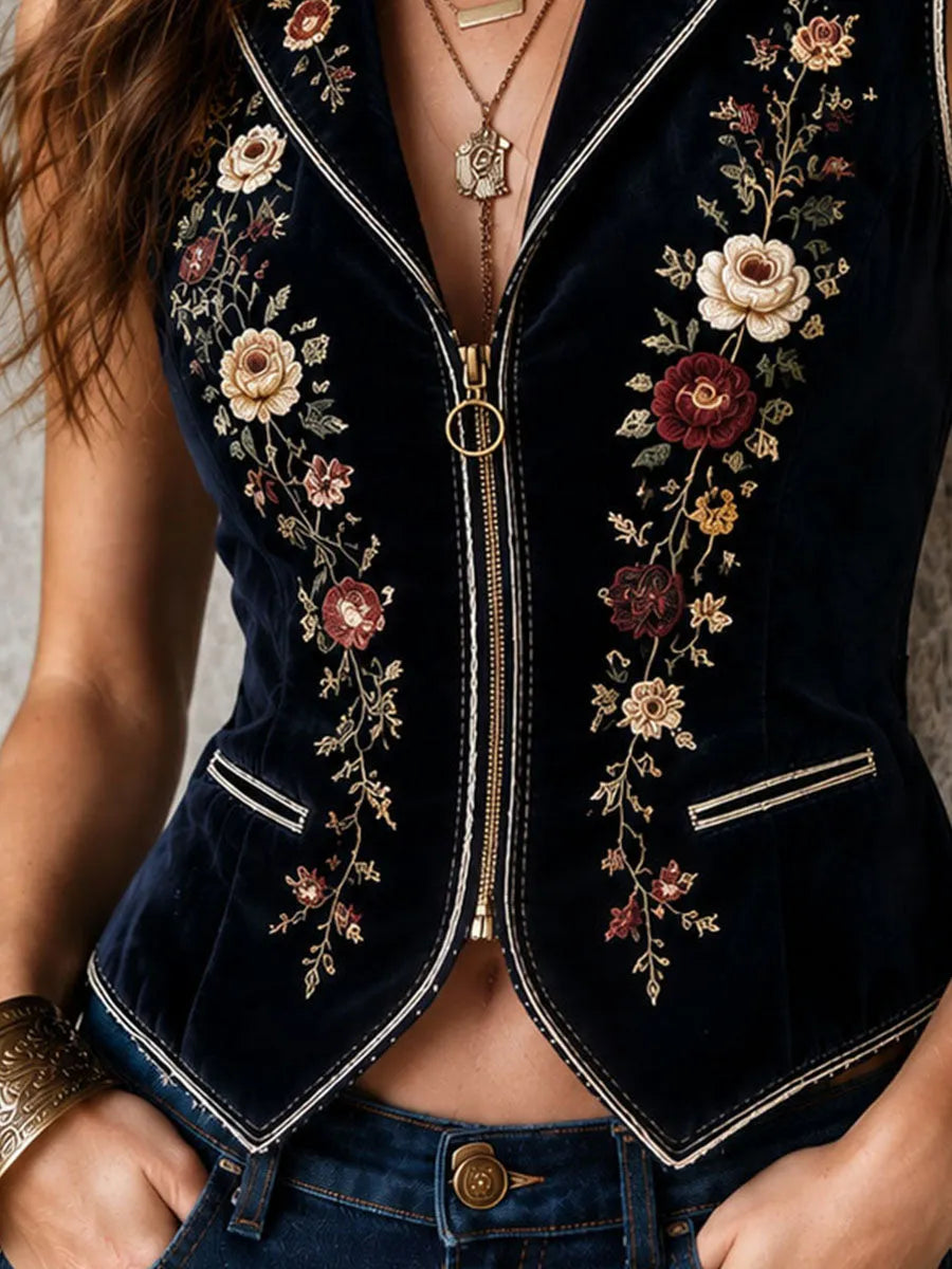 Boho Navy Velvet Floral Embroidery Zipper Waistcoat With Pockets