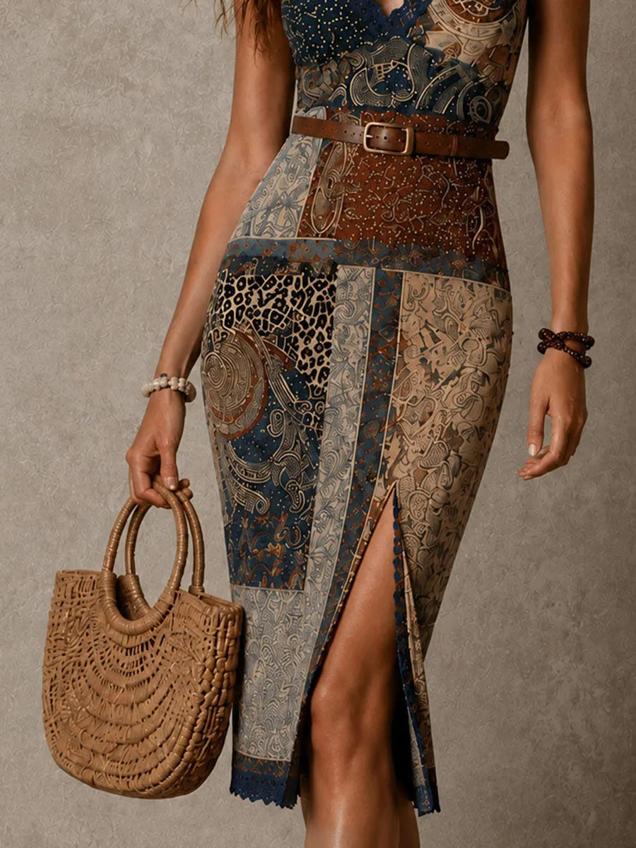 Vestido Midi Com Estampa Boho Patchwork, Gola Halter, Acabamento Em Renda E Fenda Lateral