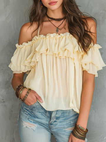 Camicetta in chiffon arricciato con spalle scoperte, colore giallo tenue stile boho