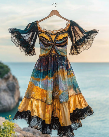 Vestido de Verão com Renda Franzida em Contraste df62