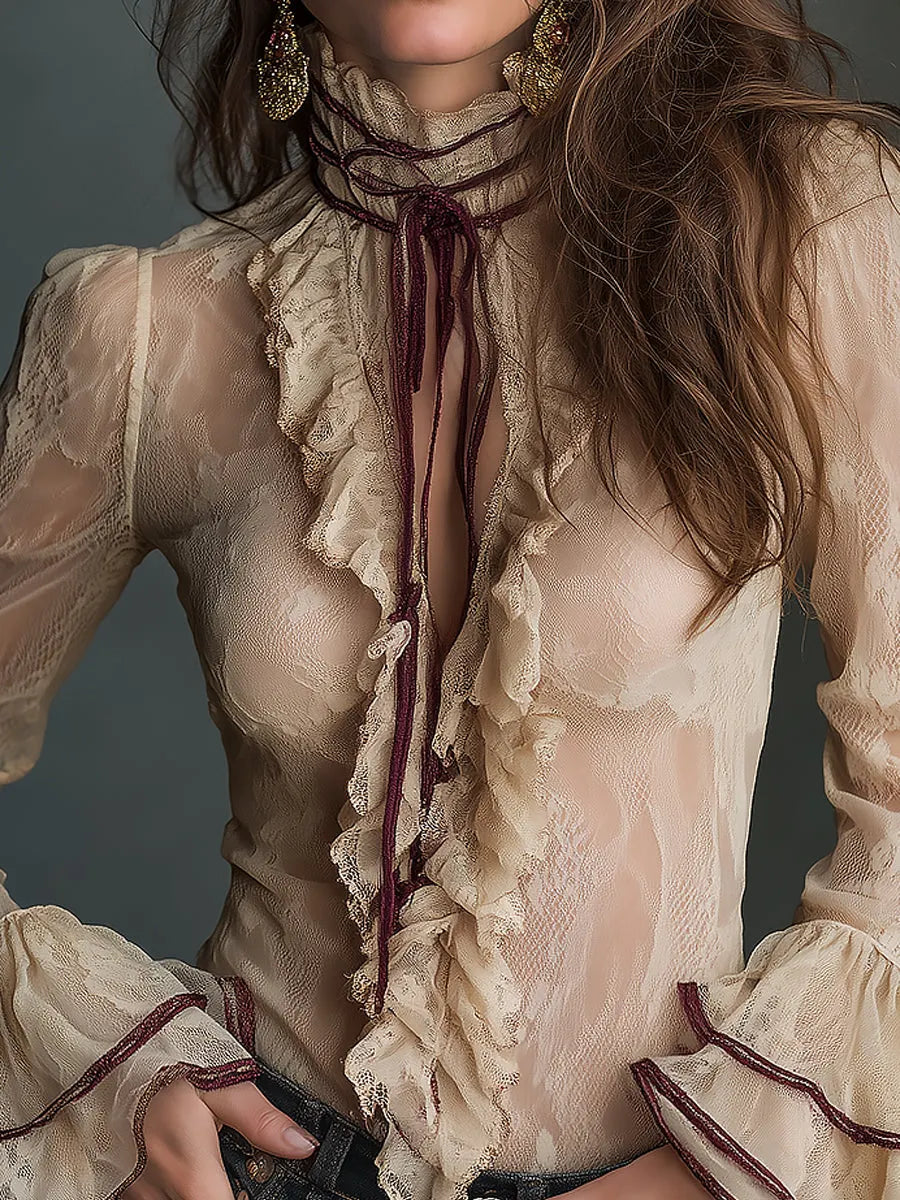 Elegant Tie-neck Lace Blouse With Ruffled Trim