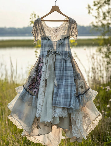 Vestido Xadrez com Renda Artesanal e Retalhos Verão 5053