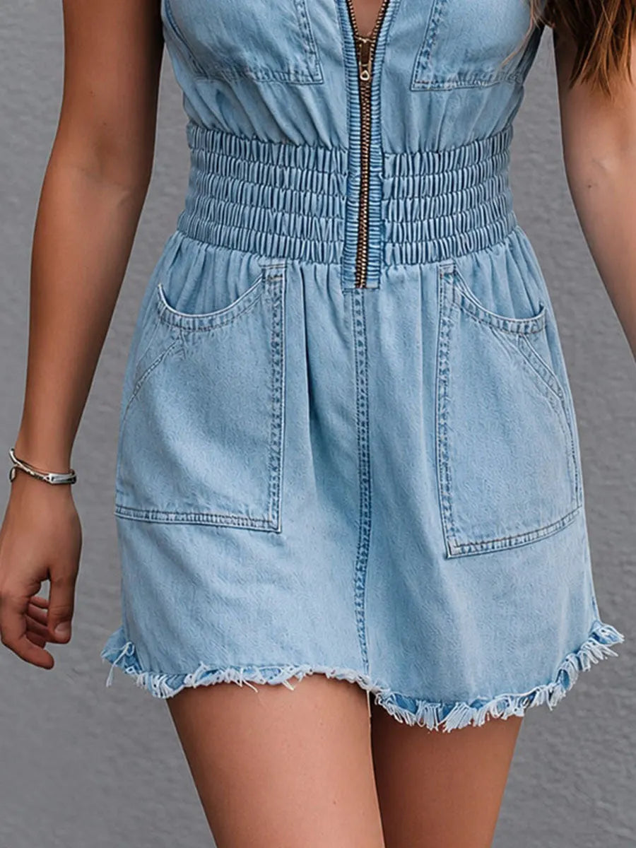 Boho Western Light Blue Smocked Waist Denim Mini Dress