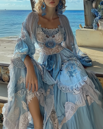 Vestido Confortável de Verão com Bordado Floral, Renda e Babado  aa0d