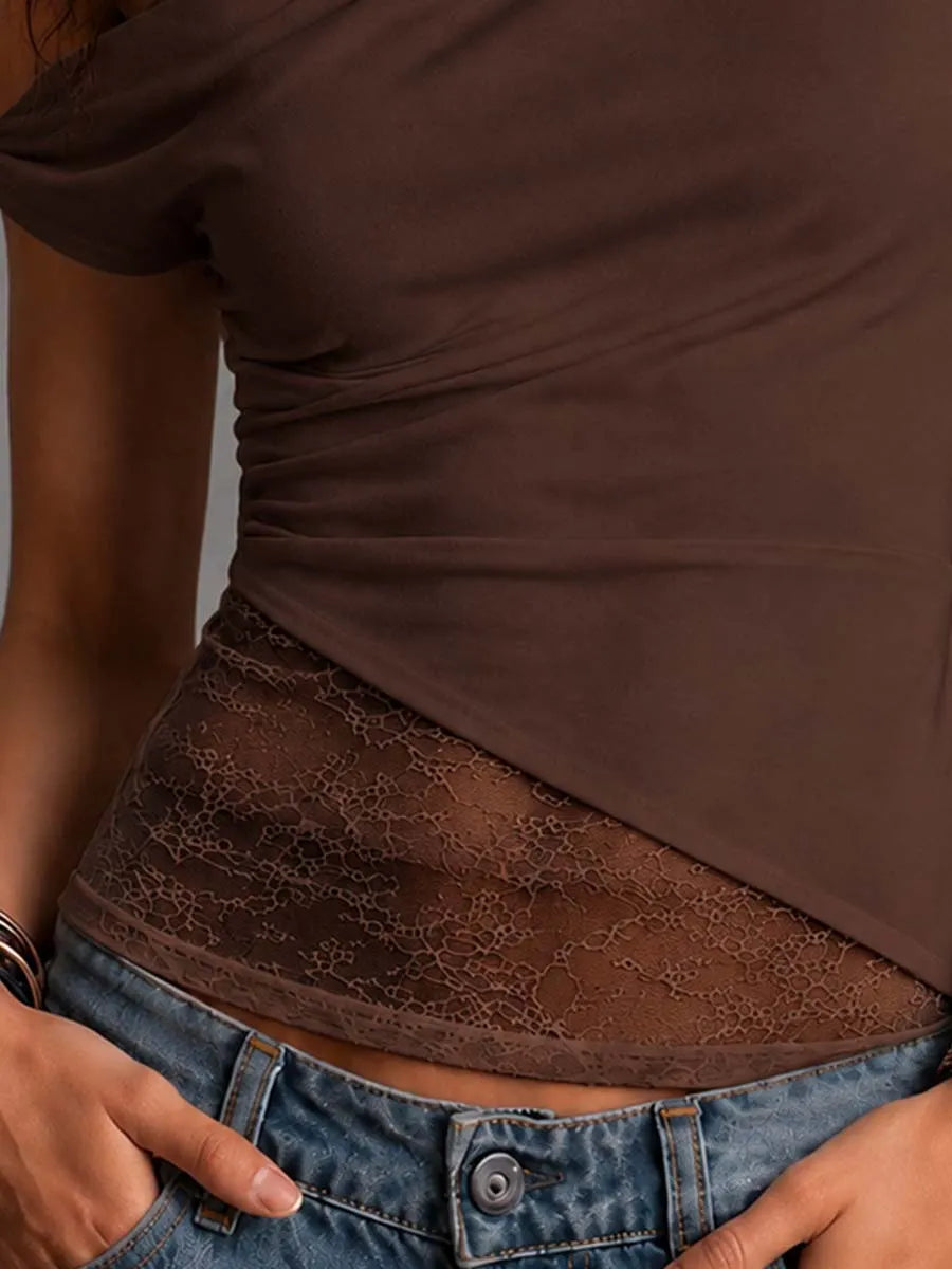 Top asymétrique bohème à une épaule en dentelle épissée et froncée, coupe slim