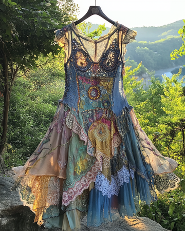 Vestido de Verão com Babados, Patchwork de Renda Irregular e Miçangas 26bd