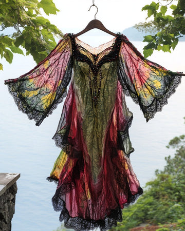 Abito lungo estivo con volant, pizzo e chiffon a contrasto 5445
