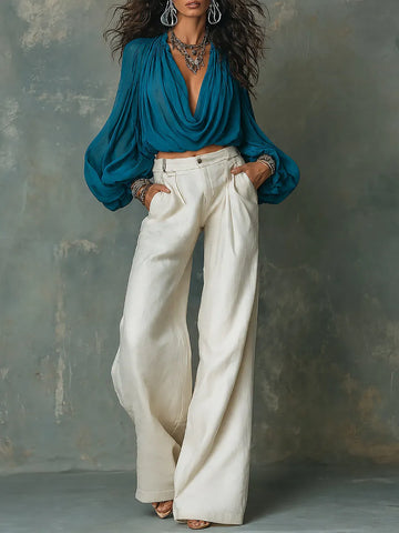 Conjunto Blusa Chiffon Decote Drapeado Estilo Boho e Calça Pantalona Algodão-Linho