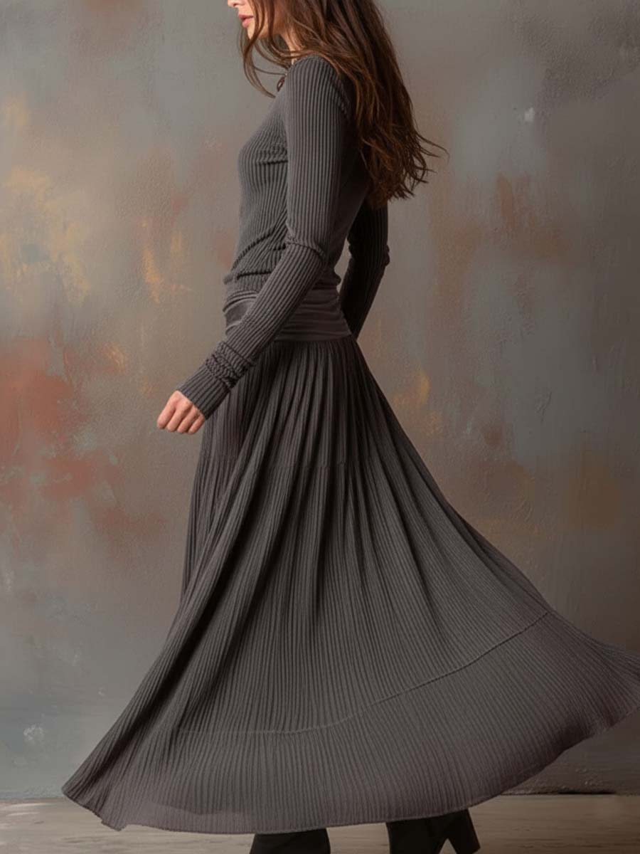 Robe longue vintage en tricot côtelé gris anthracite