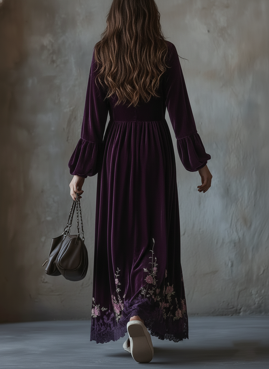 Vestido longo de veludo bordado floral vintage