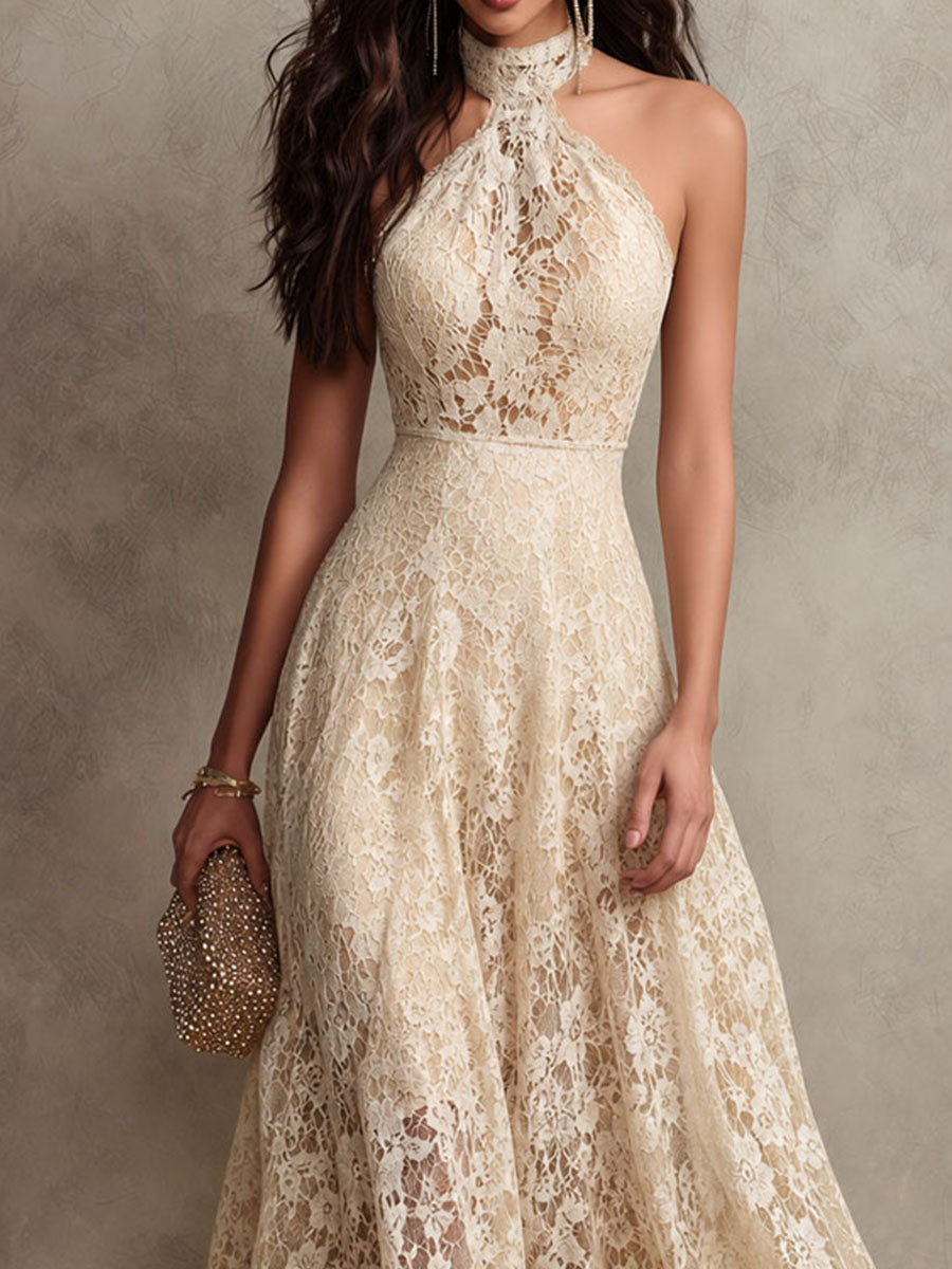 Robe longue de soirée rétro élégante en dentelle ivoire à col montant