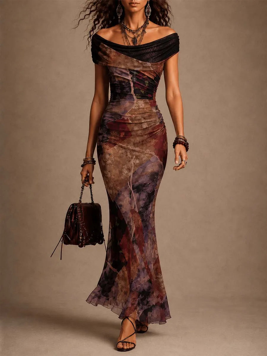 Off Shoulder Vintage Floral Mesh Ruched Mermaid Maxi Dress